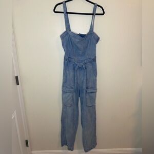 Free People Go West Light Blue Denim Cargo Jumpsuit Size Medium